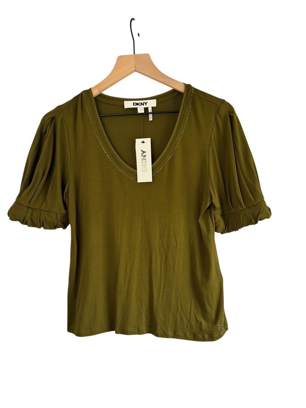 DKNY Olive Green V-Neck Puff Sleeve Top
